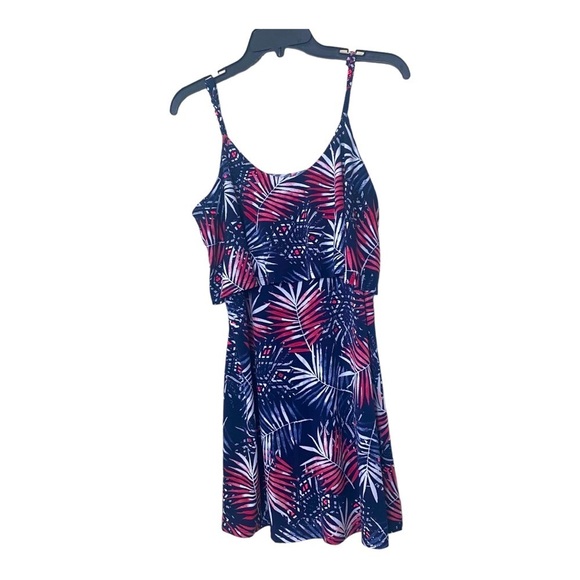 Women Express Red White Navy Palm Print/Tropical Summer Mini Dress Sz M - Picture 3 of 15